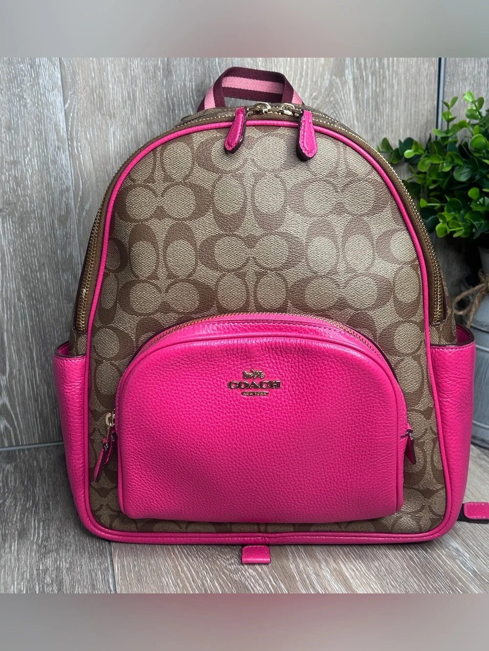Coach Signature Monogram Pink Leather Trim Backpack – Gold Hardware – Medium